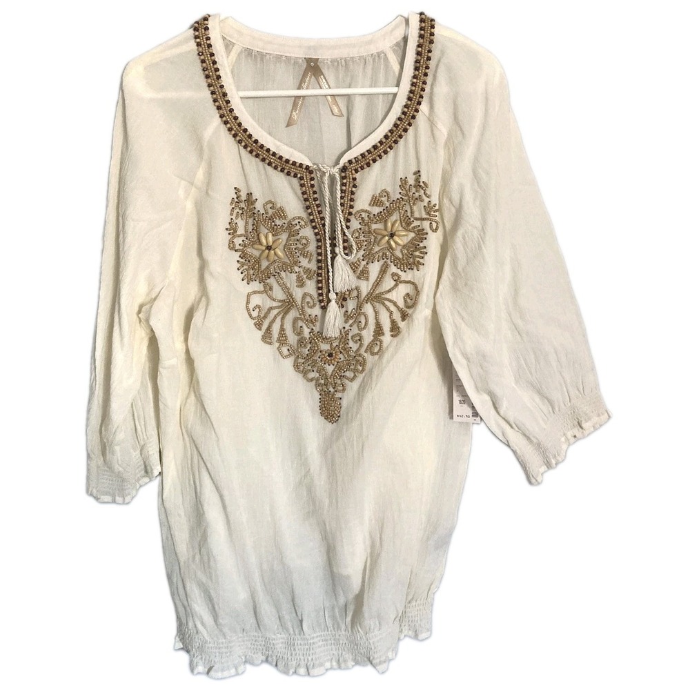 Avenue Shirt Women 18/20 White Beaded Embroidered Boho Tassel Tunic Top NWT